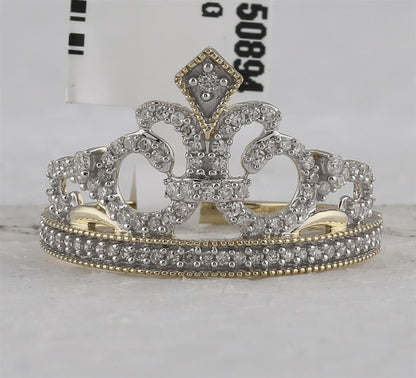 10k Yellow Gold Round Diamond Fleur Crown Tiara Fashion Ring 1/5 Cttw