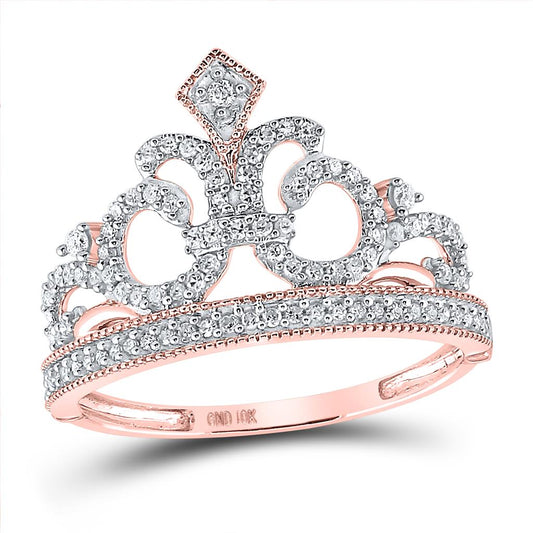 10k Rose Gold Round Diamond Fleur Crown Tiara Fashion Ring 1/5 Cttw