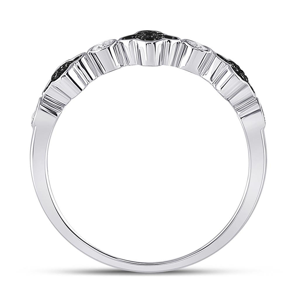 14k White Gold Round Black Diamond Clover Band Ring 1/4 Cttw