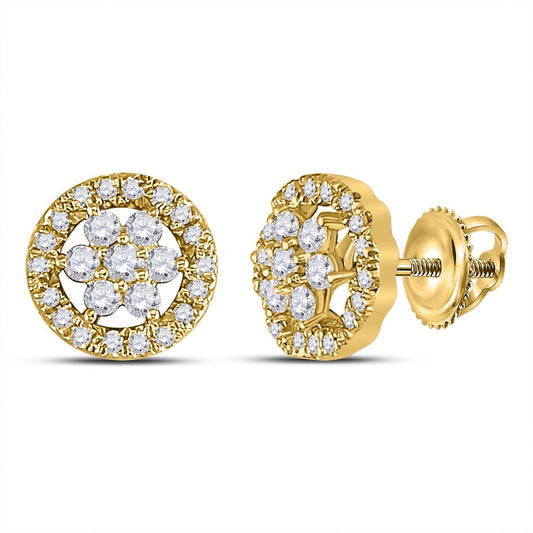 14k Yellow Gold Round Diamond Flower Cluster Earrings 1/2 Cttw