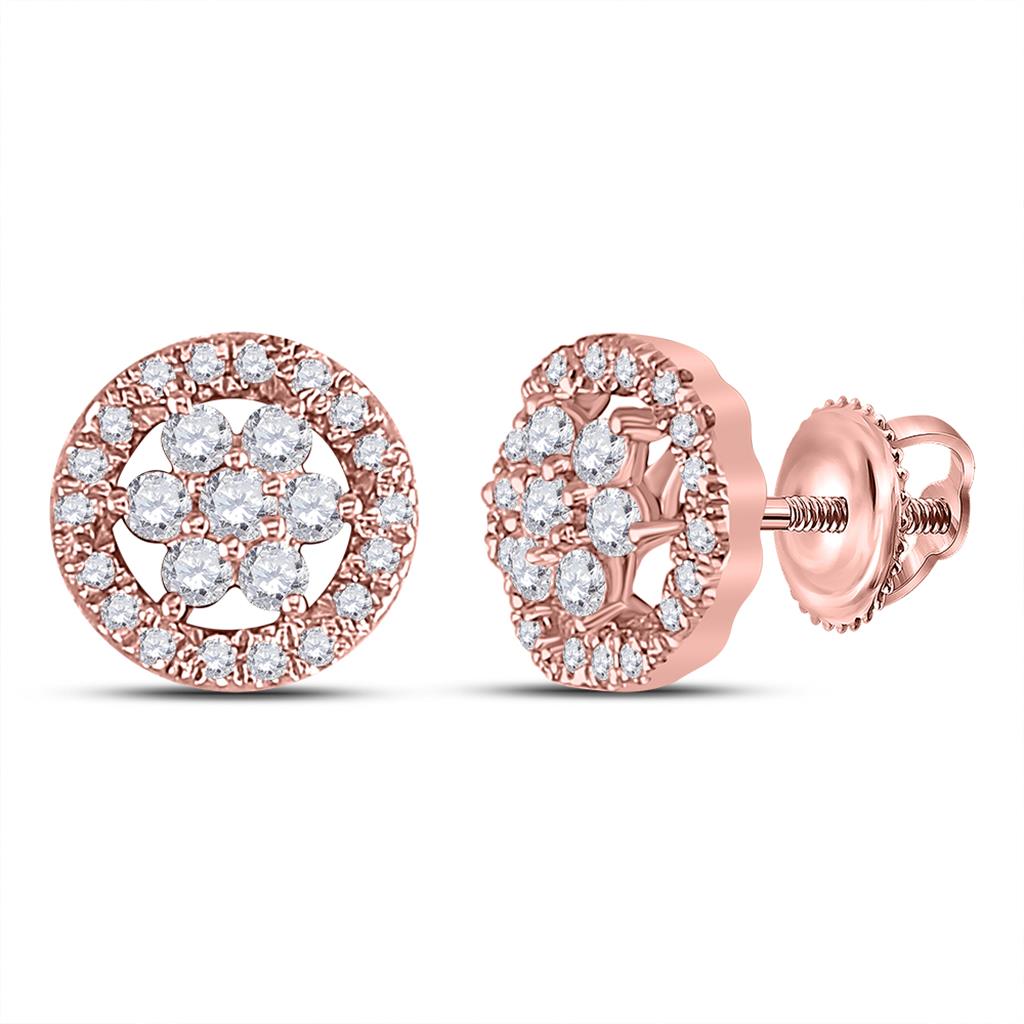 14k Rose Gold Round Diamond Flower Cluster Earrings 1/2 Cttw