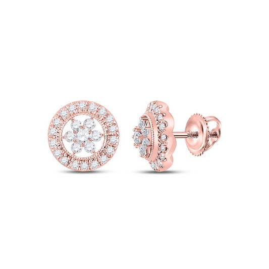 14k Rose Gold Round Diamond Circle Floral Cluster Earrings 3/8 Cttw