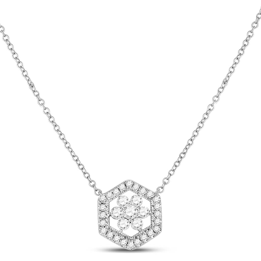 14k White Gold Round Diamond Geometric Cluster Necklace 1/3 Ctw