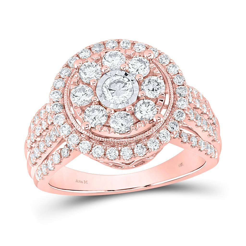 14k Rose Gold Round Diamond Cluster Bridal Engagement Ring 1-1/2 Cttw