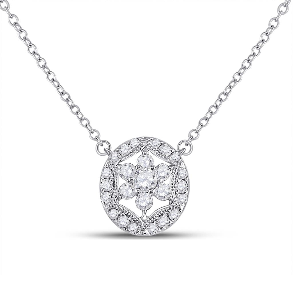 14k White Gold Round Diamond Floral Cluster Necklace 1/3 Cttw