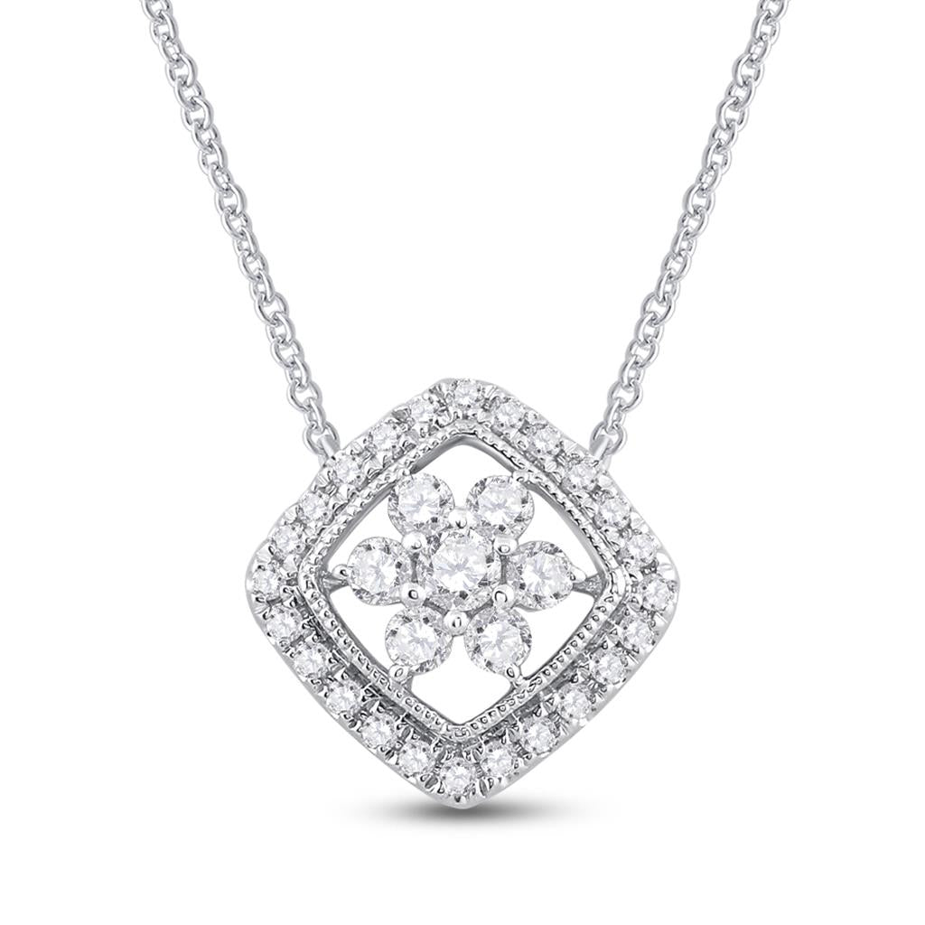 14k White Gold Round Diamond Offset Square Cluster Necklace 1/2 Cttw