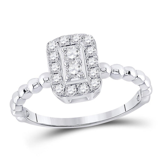 14k White Gold Round Diamond Beaded Rectangle Cluster Ring 1/3 Cttw