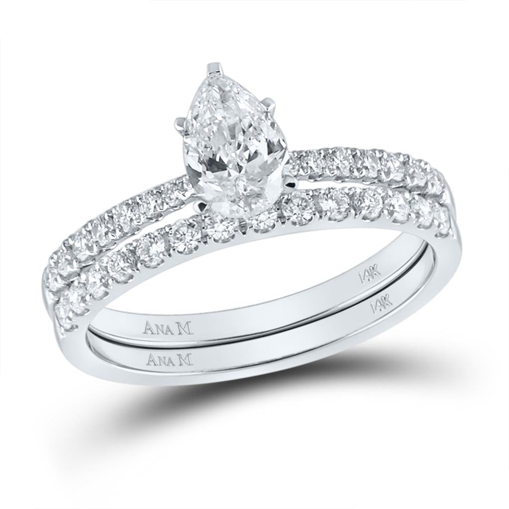 14k White Gold Pear Diamond Bridal Wedding Ring Set 1-1/4 Cttw (Certified)