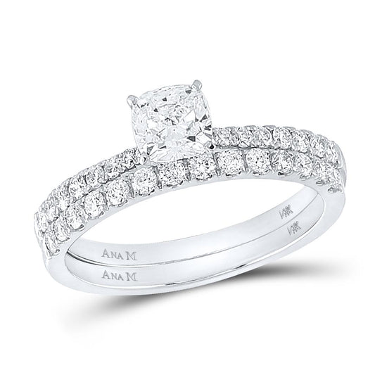 14k White Gold Cushion Diamond Bridal Wedding Ring Set 1-1/5 Cttw (Certified)