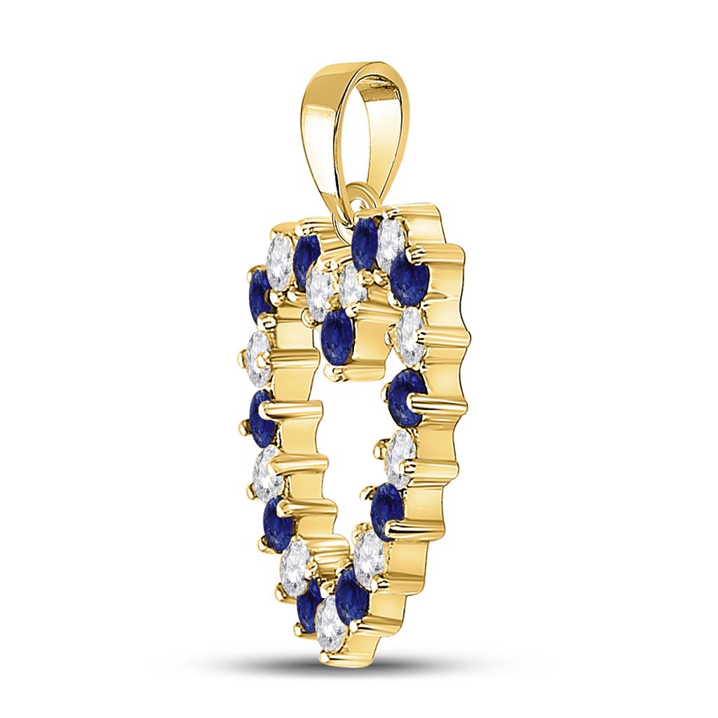 10k Yellow Gold Round Blue Sapphire Diamond Heart Pendant 1/2 Cttw