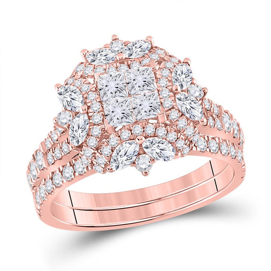 14kt Rose Gold Princess Marquise Diamond Bridal Wedding Ring Set 1-3/4 Cttw