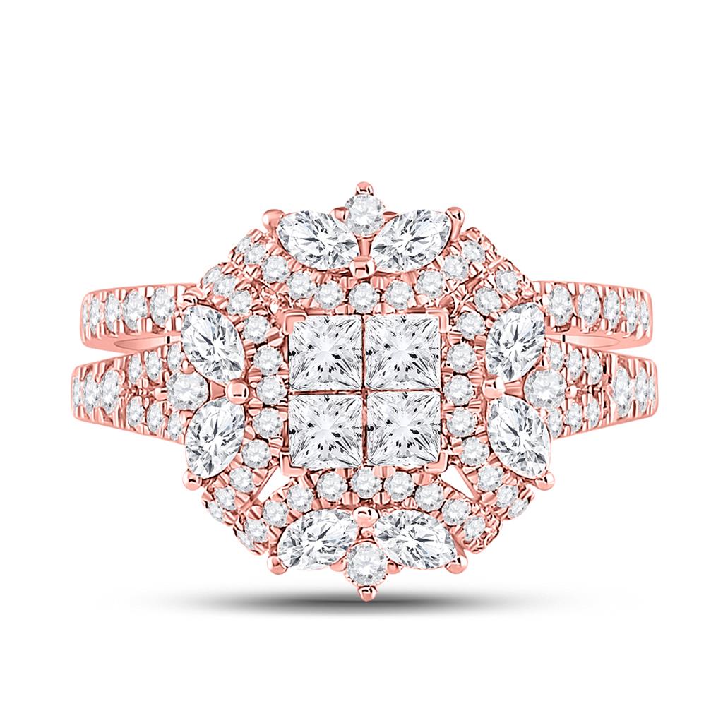 14kt Rose Gold Princess Marquise Diamond Bridal Wedding Ring Set 1-3/4 Cttw