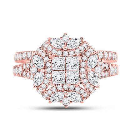 14kt Rose Gold Princess Marquise Diamond Bridal Wedding Ring Set 1-3/4 Cttw