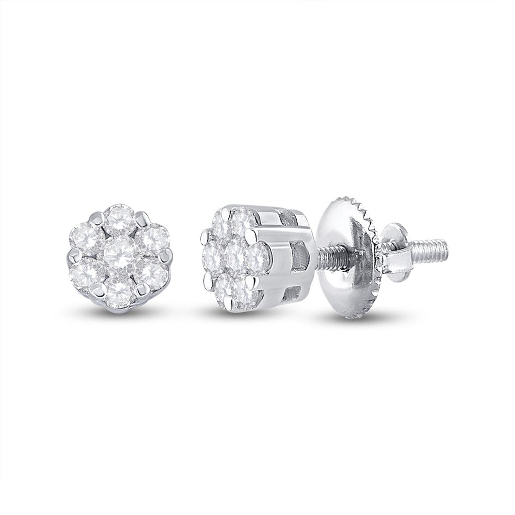 14k White Gold Round Diamond Flower Cluster Earrings 1/10 Cttw