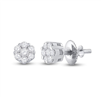 14k White Gold Round Diamond Flower Cluster Earrings 1/10 Cttw