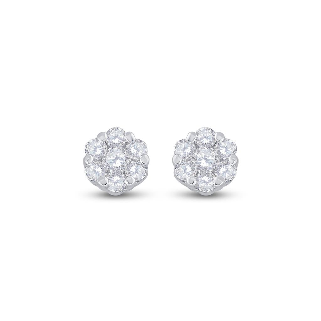 14k White Gold Round Diamond Flower Cluster Earrings 1/10 Cttw
