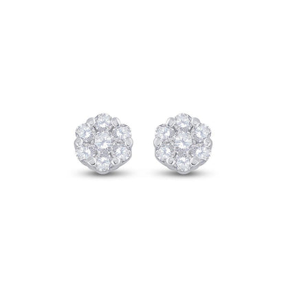 14k White Gold Round Diamond Flower Cluster Earrings 1/10 Cttw