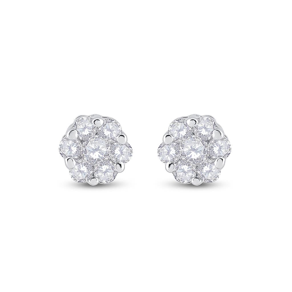 14k White Gold Round Diamond Cluster Earrings 1/6 Cttw