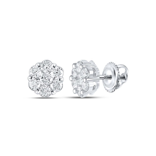 14k White Gold Round Diamond Flower Cluster Earrings 1 Cttw