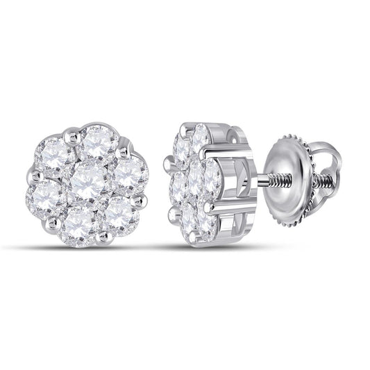 14k White Gold Round Diamond Flower Cluster Earrings 2 Cttw