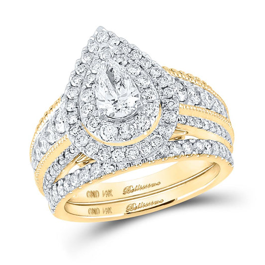 14k Yellow Gold Pear Diamond Bridal Wedding Ring Set 2 Cttw