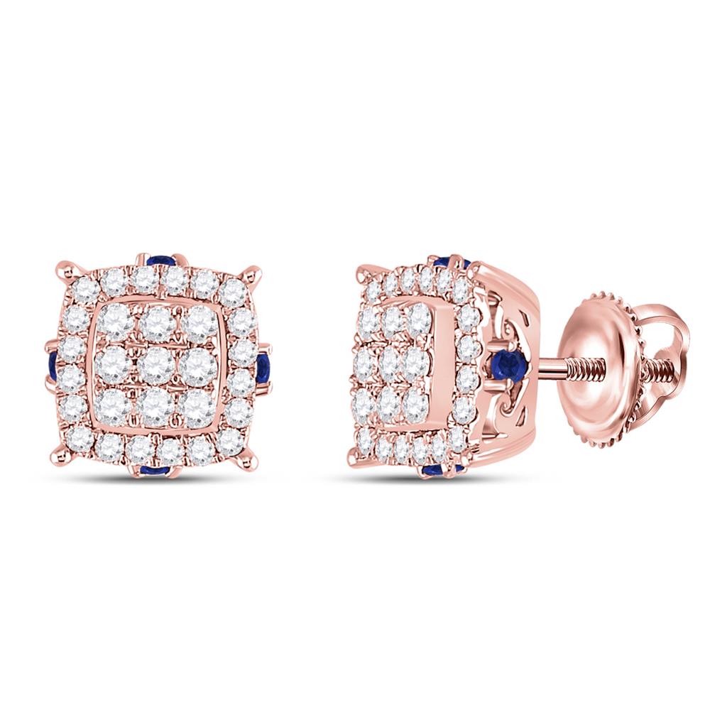 14k Rose Gold Round Diamond Blue Sapphire Square Earrings 5/8 Cttw