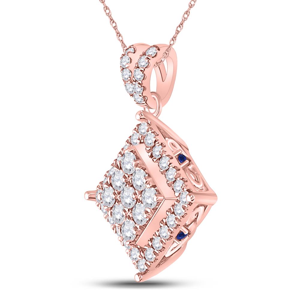 14k Rose Gold Round Diamond Offset Square Cluster Pendant 1/2 Cttw
