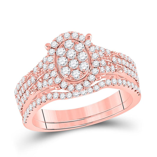 14k Rose Gold Round Diamond Cluster Bridal Wedding Ring Set 7/8 Cttw