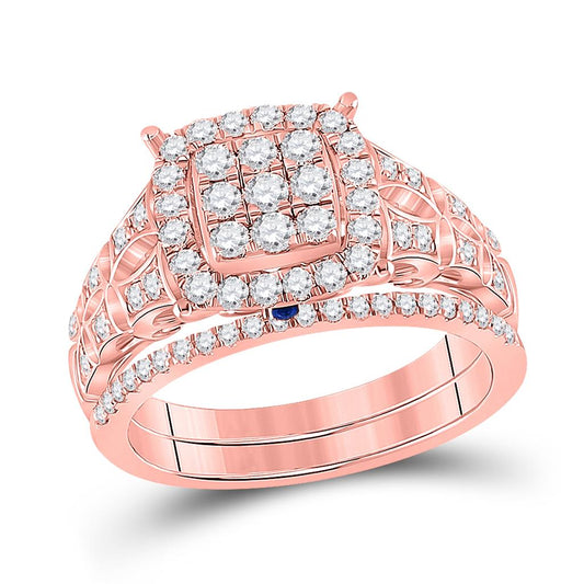 14k Rose Gold Round Diamond Square Cluster Bridal Wedding Ring Set 7/8 Cttw