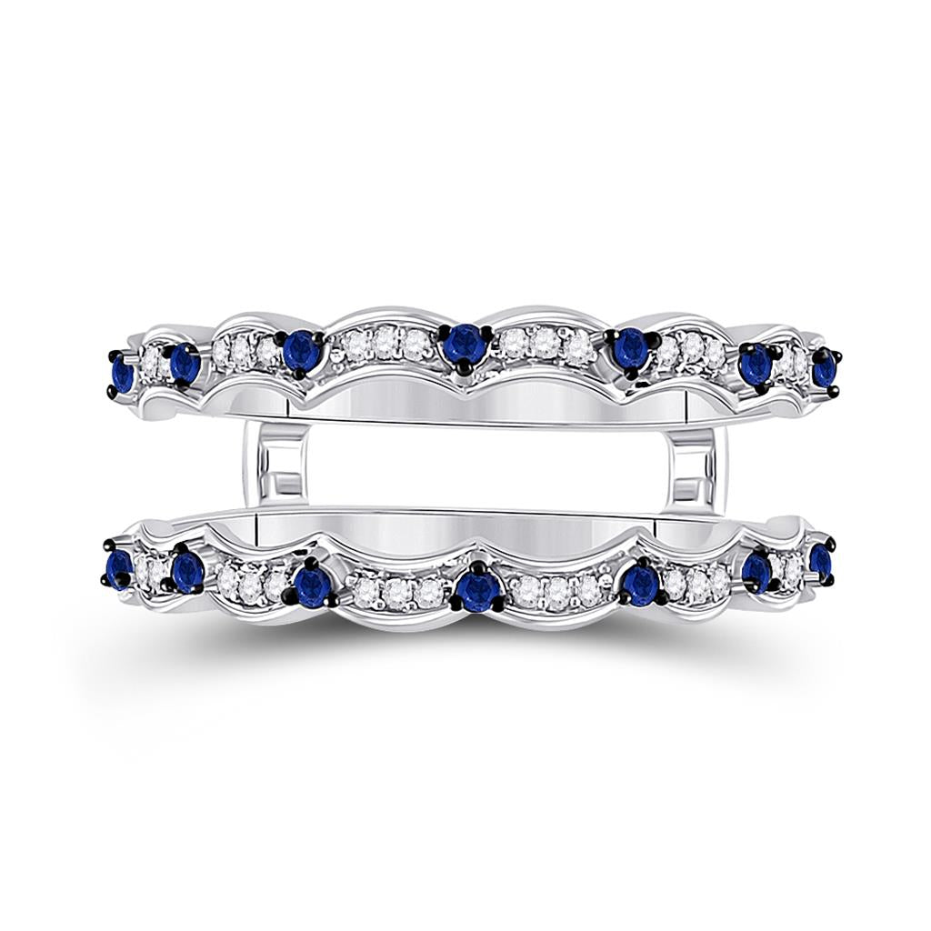 14k White Gold Round Diamond Blue Sapphire Negative Space Band Ring 1/3 Cttw