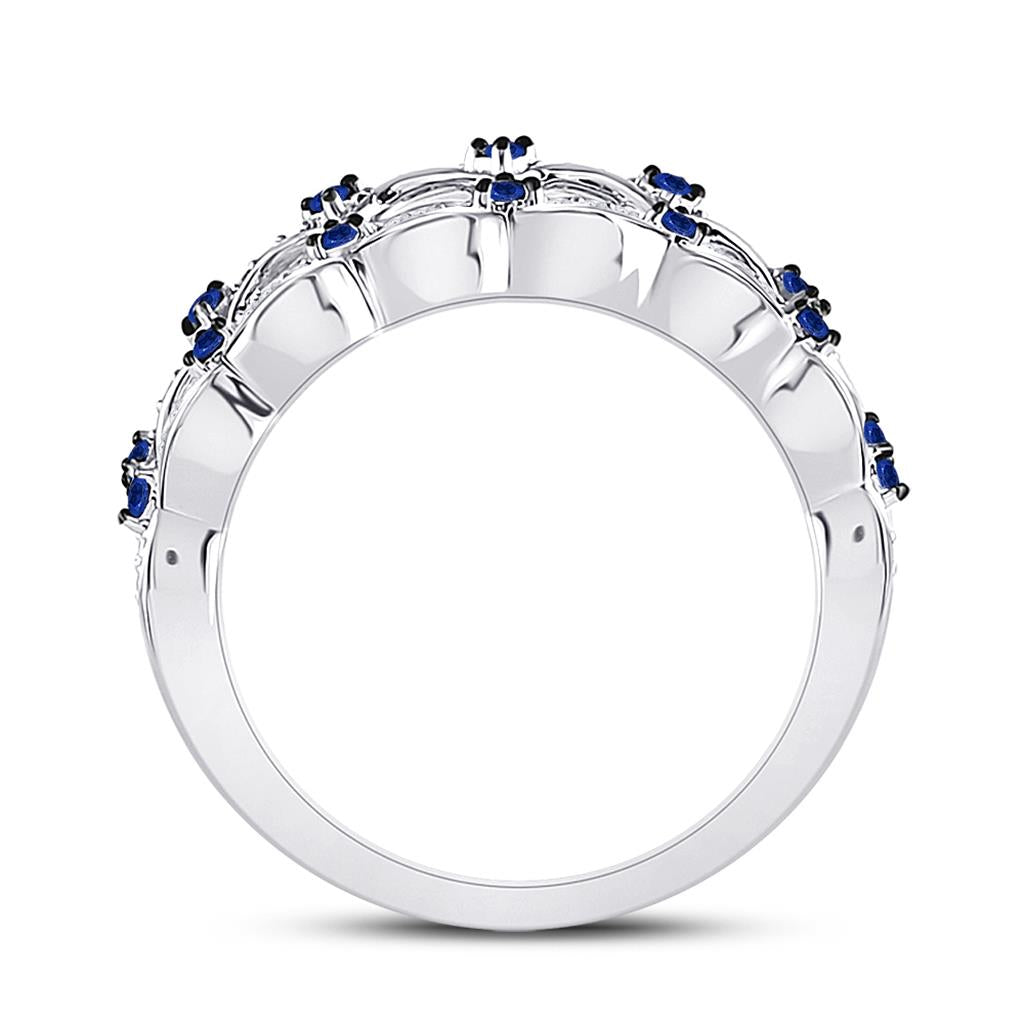 14k White Gold Round Diamond Blue Sapphire Negative Space Band Ring 1/3 Cttw