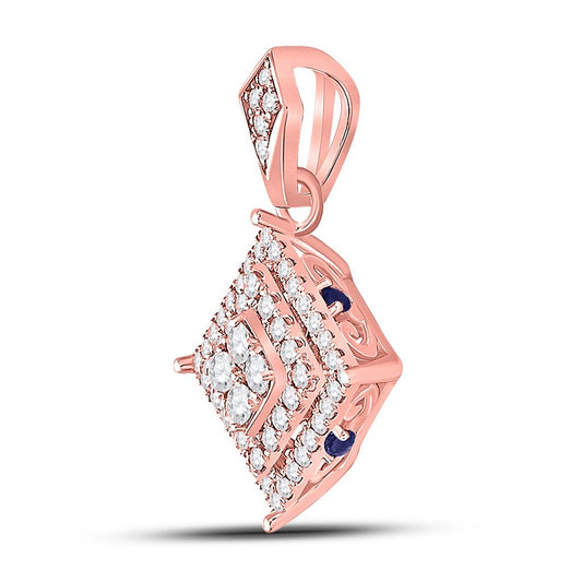 14k Rose Gold Round Diamond Offset Square Cluster Pendant 1/2 Cttw