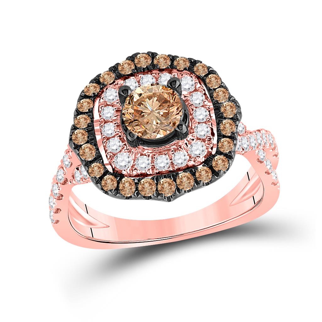 14k Rose Gold Round Brown Diamond Halo Bridal Engagement Ring 1-5/8 Cttw
