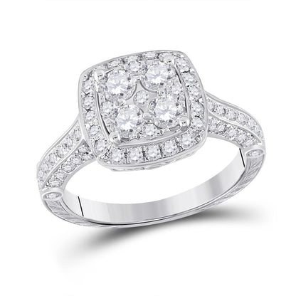 14k White Gold Round Diamond Cluster Bridal Engagement Ring 1-1/4 Cttw