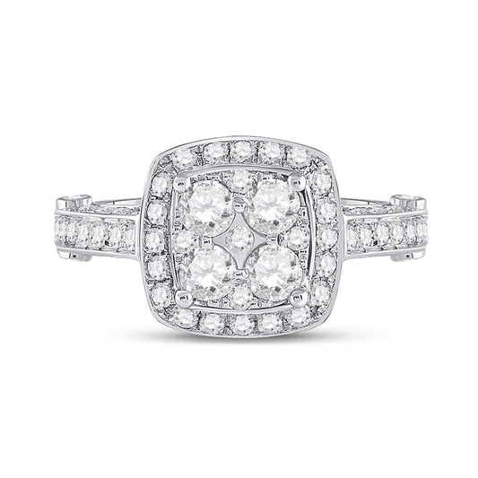 14k White Gold Round Diamond Cluster Bridal Engagement Ring 1-1/4 Cttw