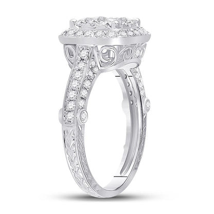 14k White Gold Round Diamond Cluster Bridal Engagement Ring 1-1/4 Cttw