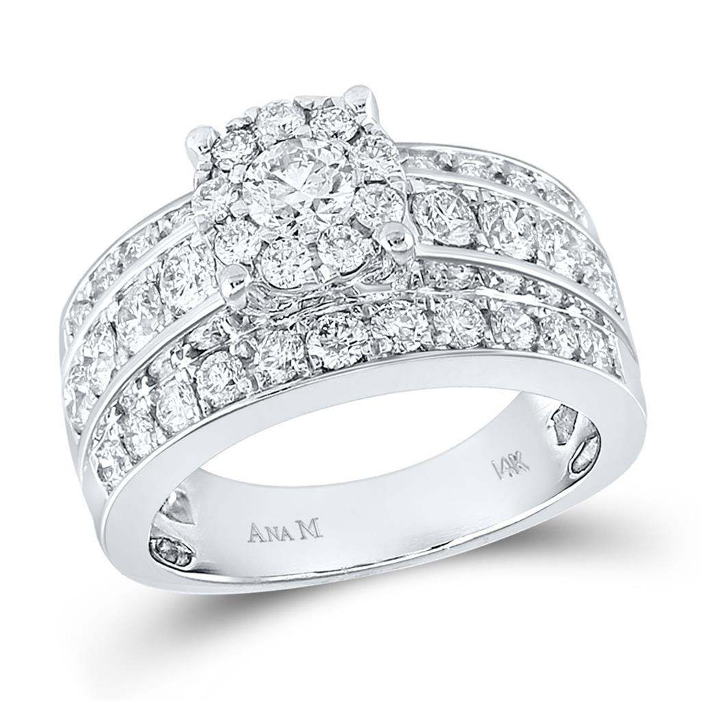 14k White Gold Round Diamond Halo Bridal Engagement Ring 2 Cttw