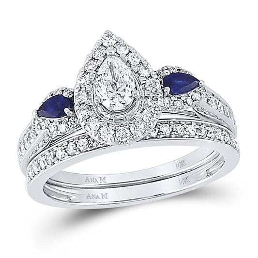 14k White Gold Pear Diamond Bridal Wedding Ring Set 7/8 Cttw