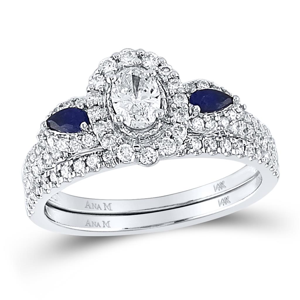 14k White Gold Oval Diamond Bridal Wedding Ring Set 7/8 Cttw