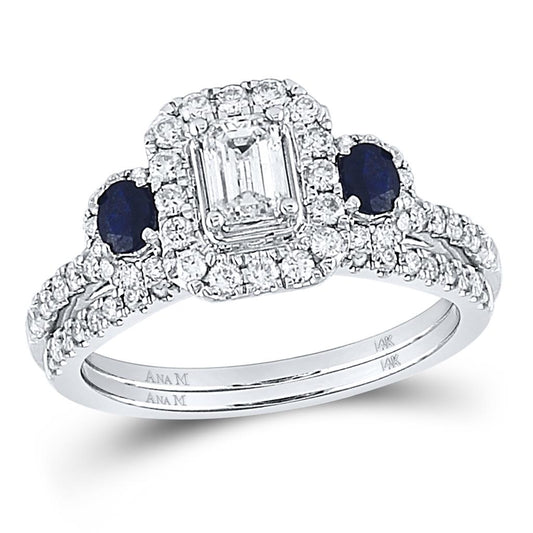 14k White Gold Emerald Diamond Bridal Wedding Ring Set 7/8 Cttw (Certified)