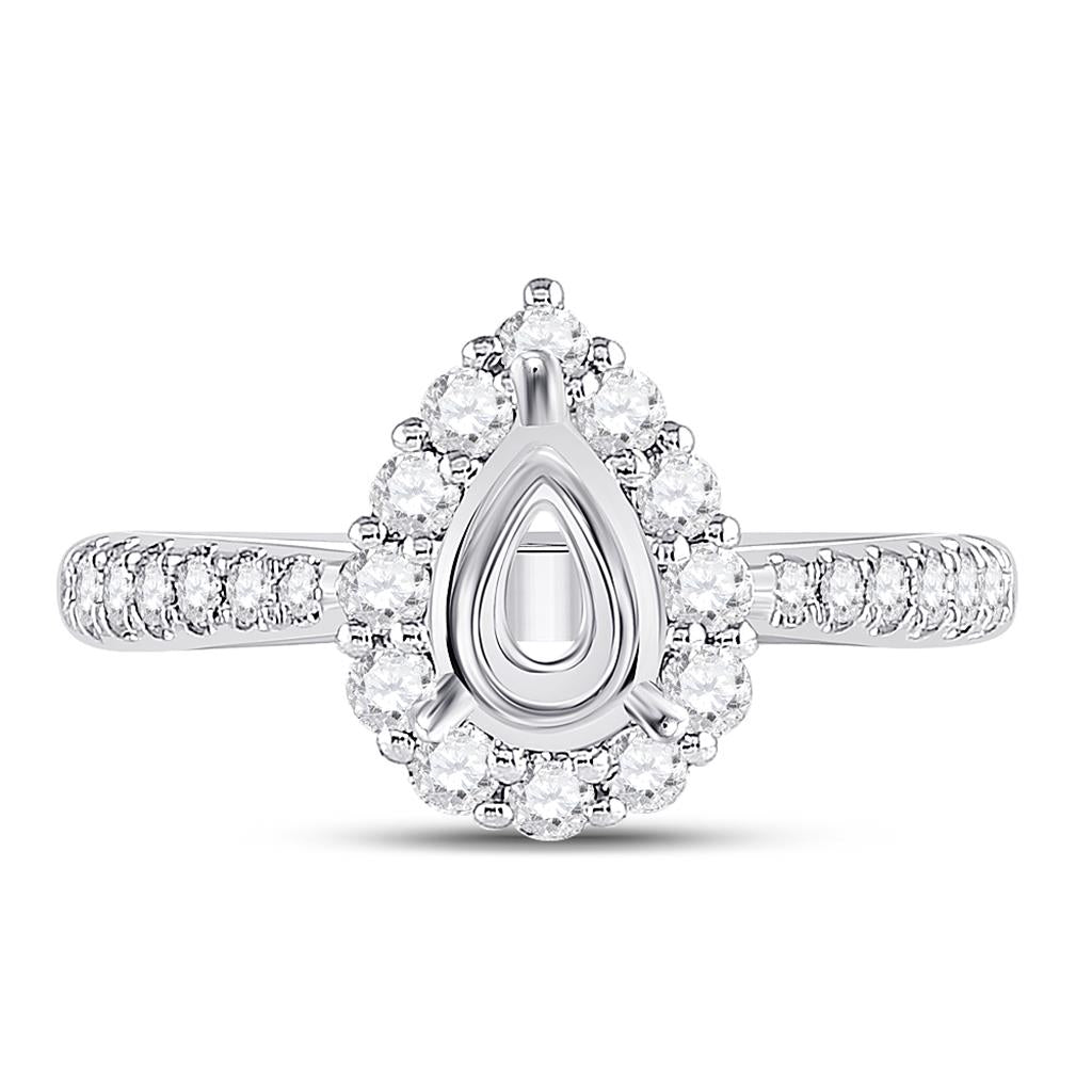 14k White Gold Round Diamond 1 Ct Pear Center Halo Bridal Semi-Mount Ring 5/8 Ctw