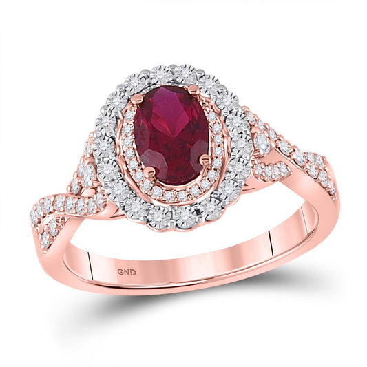 14k Rose Gold Oval Created Ruby Diamond Solitaire Ring 1 Cttw