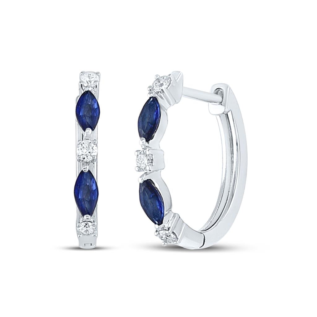 14k White Gold Marquise Blue Sapphire Diamond Hoop Earrings 3/8 Cttw