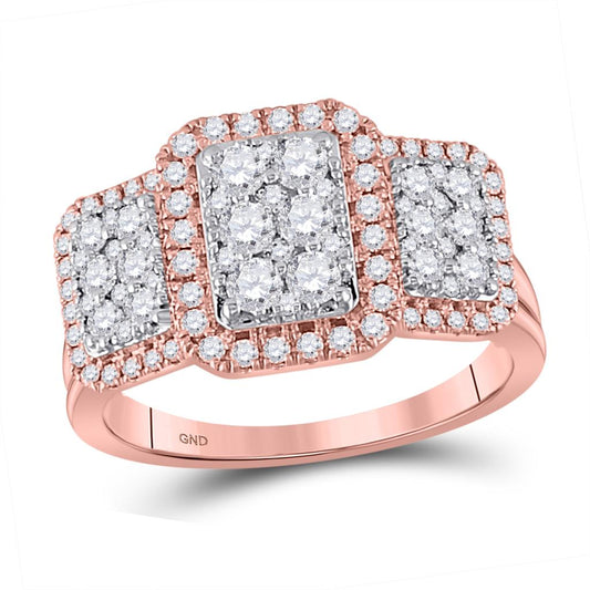 14k Rose Gold Round Diamond Cluster 3-stone Bridal Engagement Ring 1 Ctw