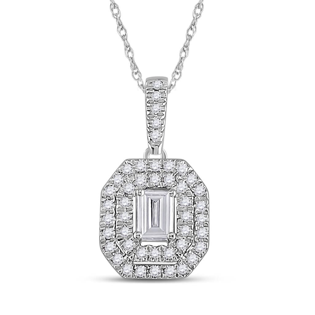 14k White Gold Emerald Diamond Fashion Halo Pendant 1/4 Cttw