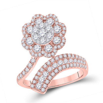 14k Rose Gold Round Diamond Bypass Flower Cluster Ring 1-1/2 Cttw