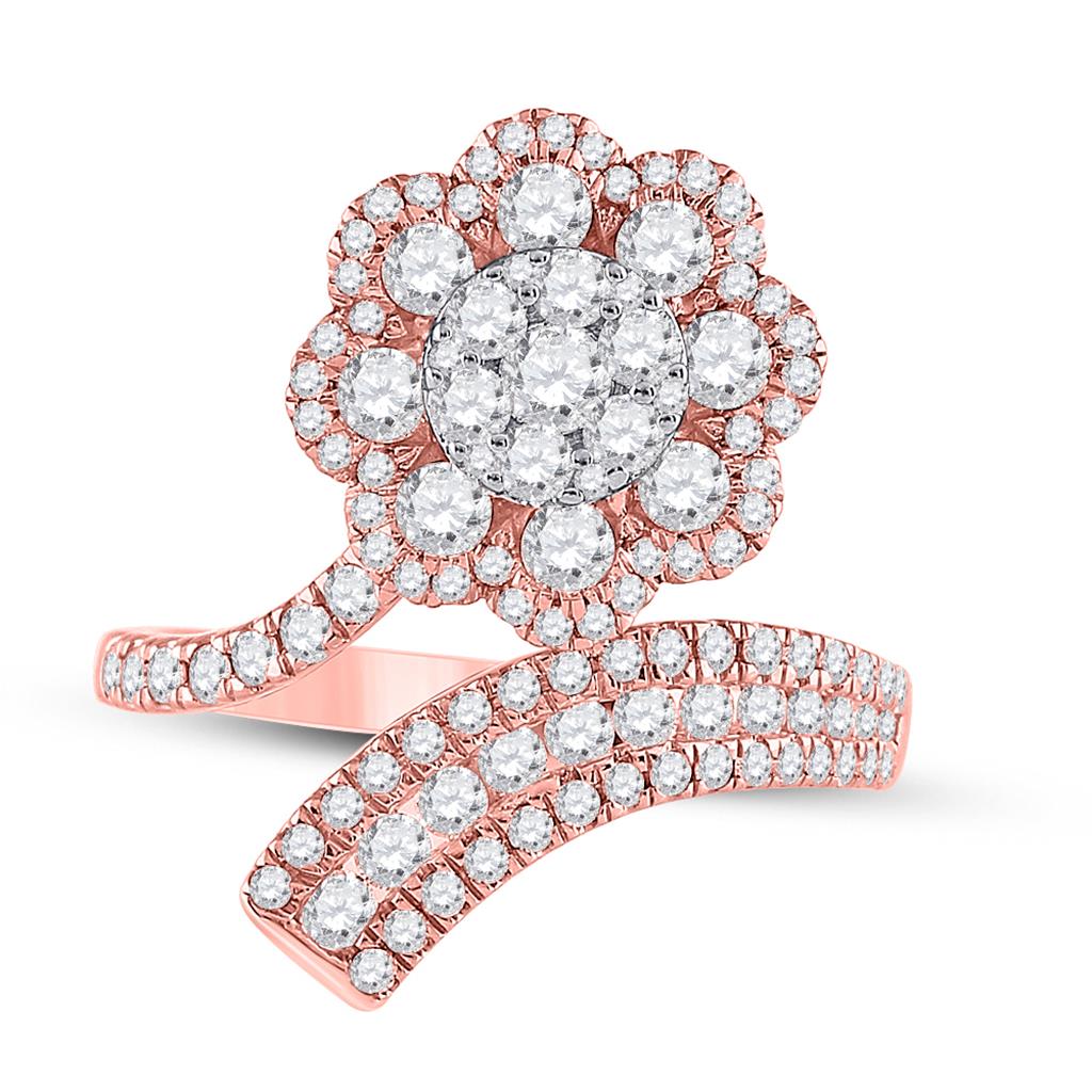 14k Rose Gold Round Diamond Bypass Flower Cluster Ring 1-1/2 Cttw