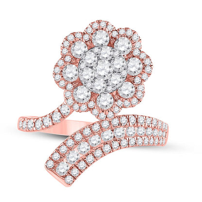 14k Rose Gold Round Diamond Bypass Flower Cluster Ring 1-1/2 Cttw