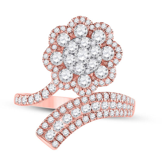14k Rose Gold Round Diamond Bypass Flower Cluster Ring 1-1/2 Cttw