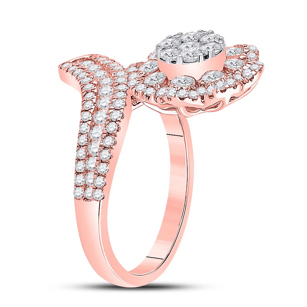 14k Rose Gold Round Diamond Bypass Flower Cluster Ring 1-1/2 Cttw